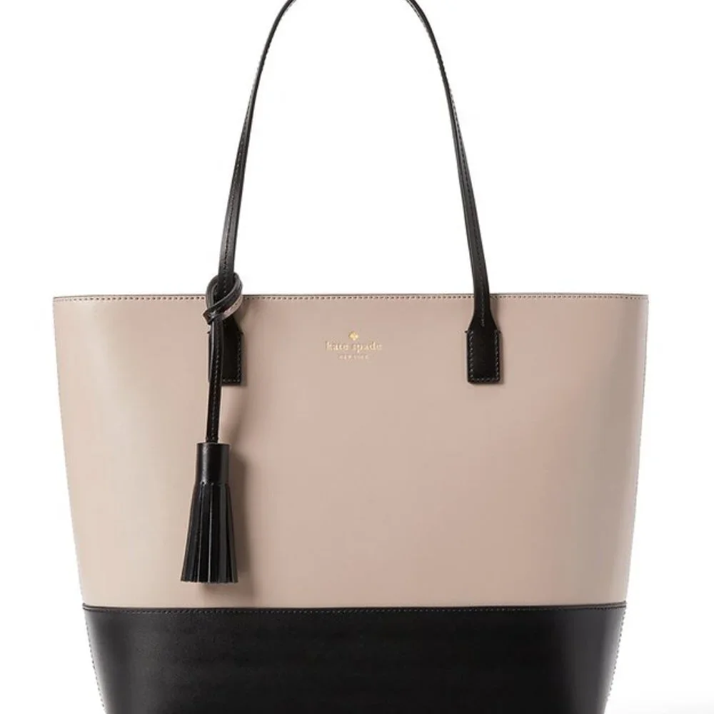 Kate Spade Wright Place Karla Two Tone Almondine & Black Leather Tote